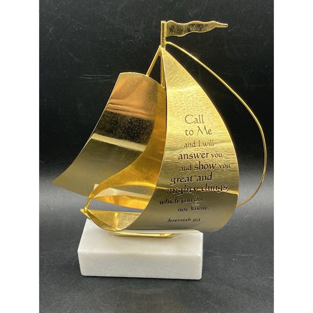 Brass Sailbot w/ Jeremiah 33:3 Scripture on Sail Stone Marble Base Vtg MCM 6"